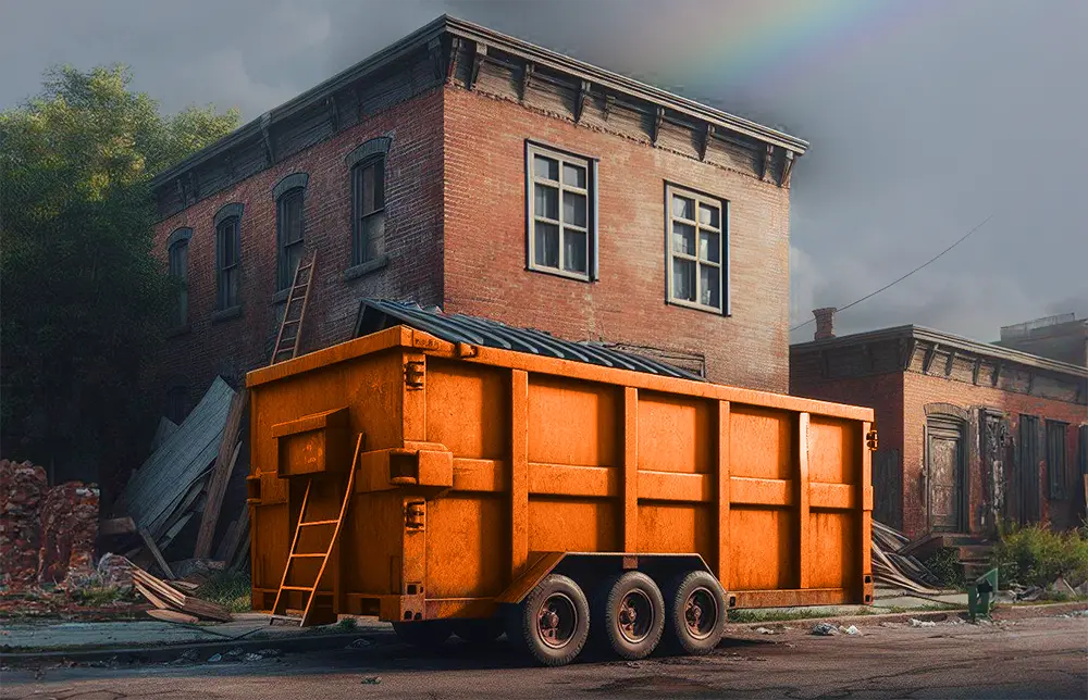 dumpster job site with rainbow