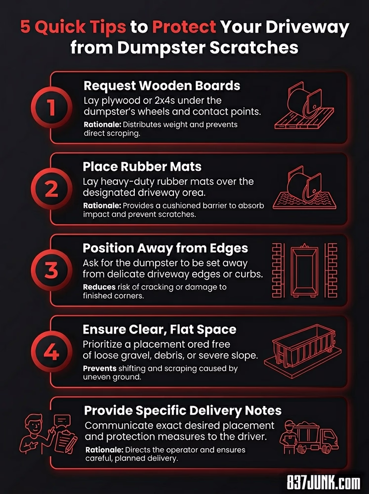 Infographic showing 5 quick tips to protect your driveway from roll-off dumpster scratches.